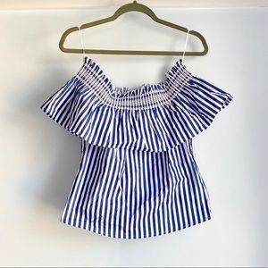Navy and White Ruffled Off Shoulder Top